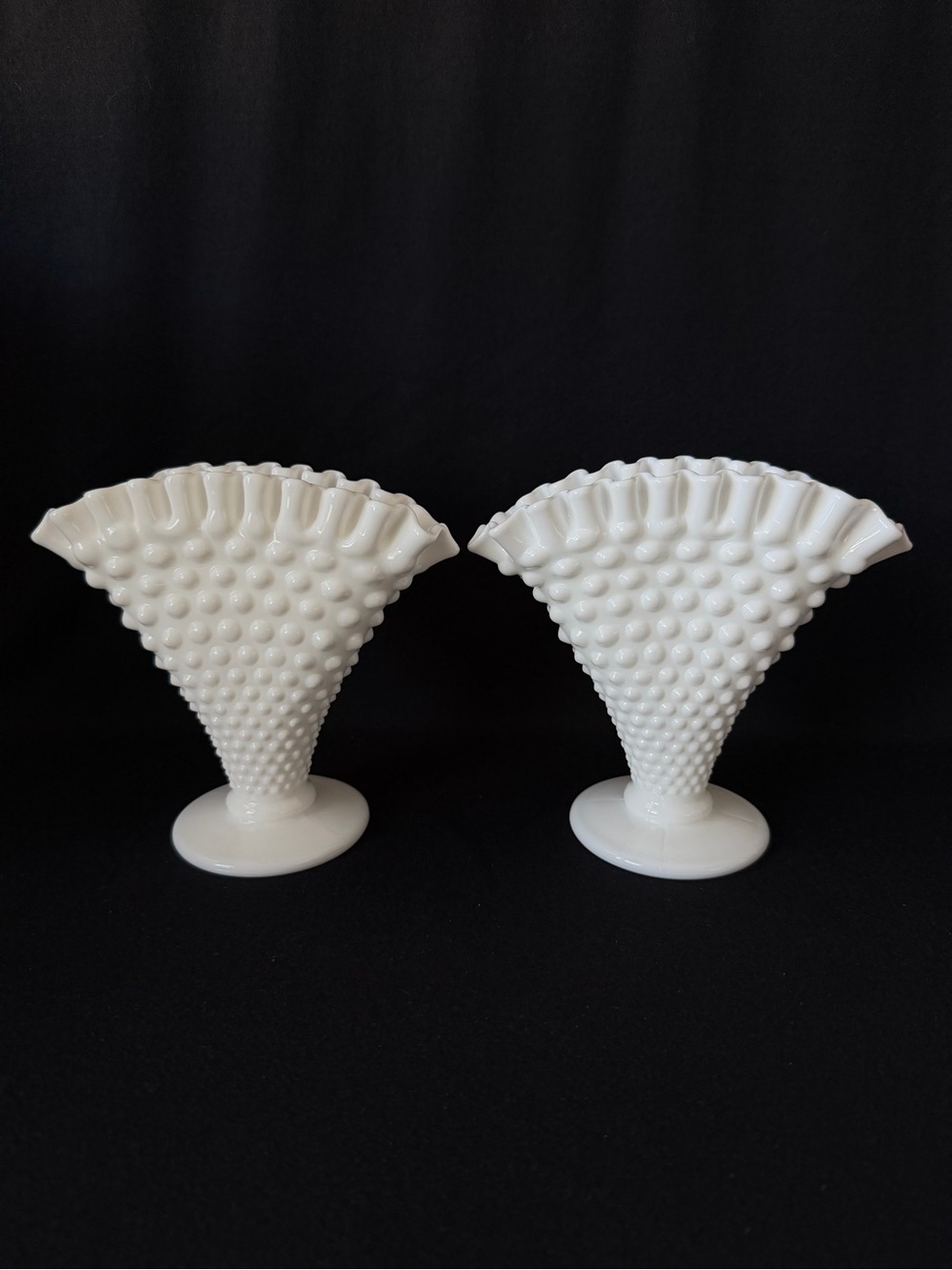 2 - Medium sized Fan Vases - Fenton Hobnail Milk Glass
